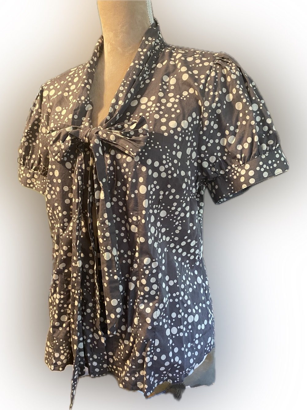 Elle Gray Polka Dot Tie-Neck Blouse